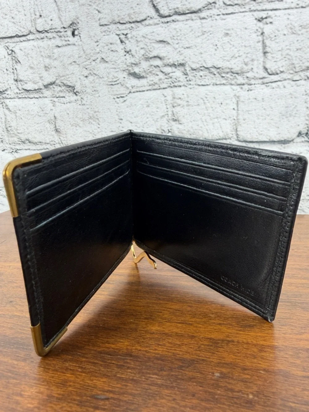 COACH Smooth Leather Money Clip Bi-Fold Wallet — Black w/ Brass — VGC